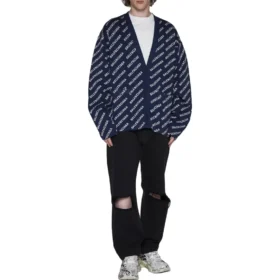 Cardigan en maille à logo intégral « Blue White » 736248T32338502