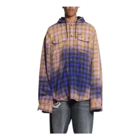 Chemise à capuche à manches longues à carreaux délavés « Purple Beige » 699223TMM095212