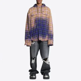 Chemise à capuche à manches longues à carreaux délavés « Purple Beige » 699223TMM095212