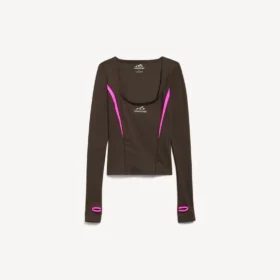 Haut technique ajusté à manches longues pour femme, couleur marron kaki/rose fluo