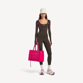 Haut technique ajusté à manches longues pour femme, couleur marron kaki/rose fluo