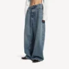 Jean baggy pour femme à entrejambe bas, bleu vintage délavé