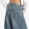Jean baggy pour femme à entrejambe bas, bleu vintage délavé