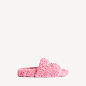 Mules ouvertes en fourrure pour femme, rose tendre
