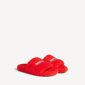 Mules ouvertes pour homme en fourrure, couleur orange vif/blanc/rouge