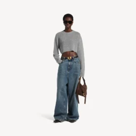 Pull court à col rond pour femme, gris chiné