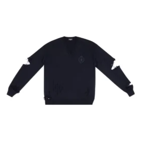 Pull en maille à col en V délavé « Navy » 696091T16420414
