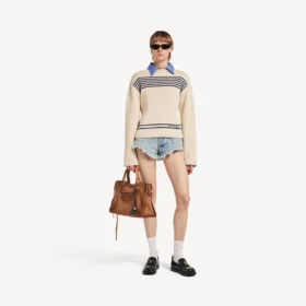 Pull femme à col bateau bleu marine/blanc