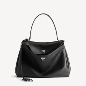 Sac à main Rodeo grand format en cuir de veau grainé noir