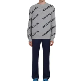 Sweat à col rond en laine mélangée avec logo sur toute la surface « Gris Noir » 555481T14711262