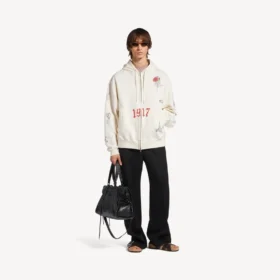Sweats à capuche oversize zippés pour homme, motif tatouage, couleur crème