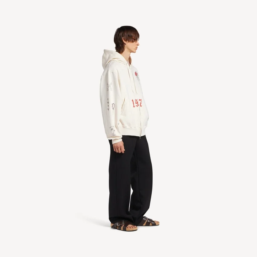 Sweats à capuche oversize zippés pour homme, motif tatouage, couleur crème Sweats à capuche oversize zippés pour homme, motif tatouage, couleur crème