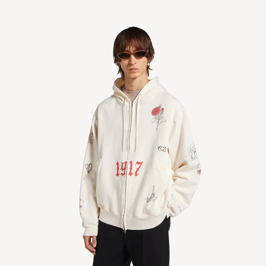Sweats à capuche oversize zippés pour homme, motif tatouage, couleur crème Sweats à capuche oversize zippés pour homme, motif tatouage, couleur crème