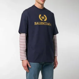 T-shirt à col rond et manches courtes pour homme Balenciaga Logo, bleu marine 535622TAV044128