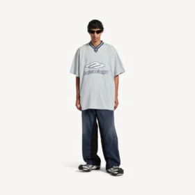 T-shirt de football 3b pour homme à col en V, coupe oversize, gris/blanc