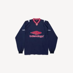 T-shirt de football 3b pour homme à manches longues et col en V, bleu marine foncé/rouge