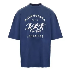 T-shirt homme Balenciaga SS21 à manches courtes, coupe ample, imprimé motif de course et logo, bleu 641614TJVK64866