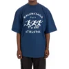 T-shirt homme Balenciaga SS21 à manches courtes, coupe ample, imprimé motif de course et logo, bleu 641614TJVK64866