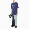T-shirt à manches courtes Balenciaga FW21 pour homme, imprimé alphabétique rétro, tricot, bleu marine, 651795TKVF83866