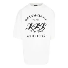 T-shirt à manches courtes Balenciaga SS21 pour homme, imprimé motif marathon et logo, blanc 641614TJVK69040