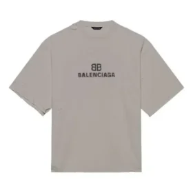 T-shirt à manches courtes pour homme Balenciaga Mosaic Logo BB Alphabet, effet usé et trous, gris 651795TKVF58174