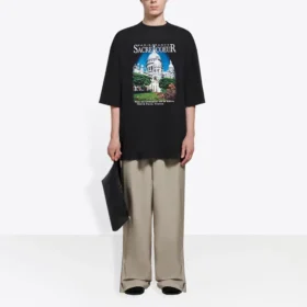 T-shirt unisexe noir à manches courtes, grand format, à armure toile, collection SS21 rétro 641614TJVH61000