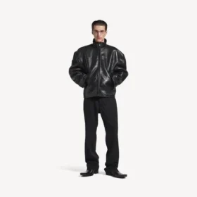 Veste zippée en peau d&rsquo;agneau pour homme, noire